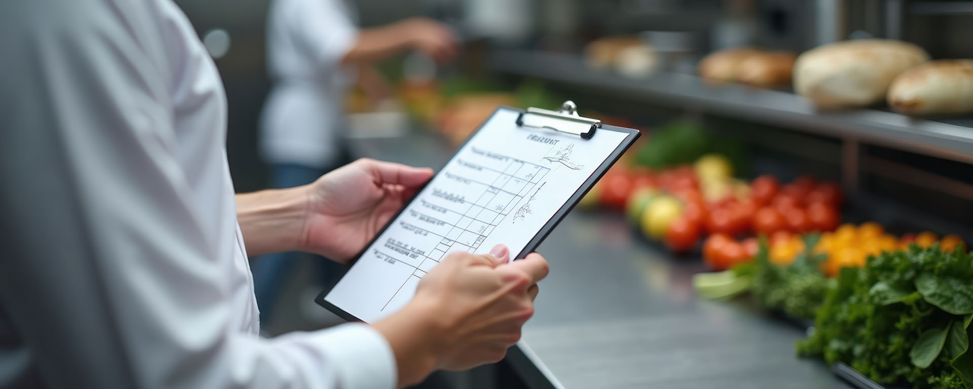 Environmental Health Advice for Food Businesses - this image shows a person with a clipboard checking a food preparation area