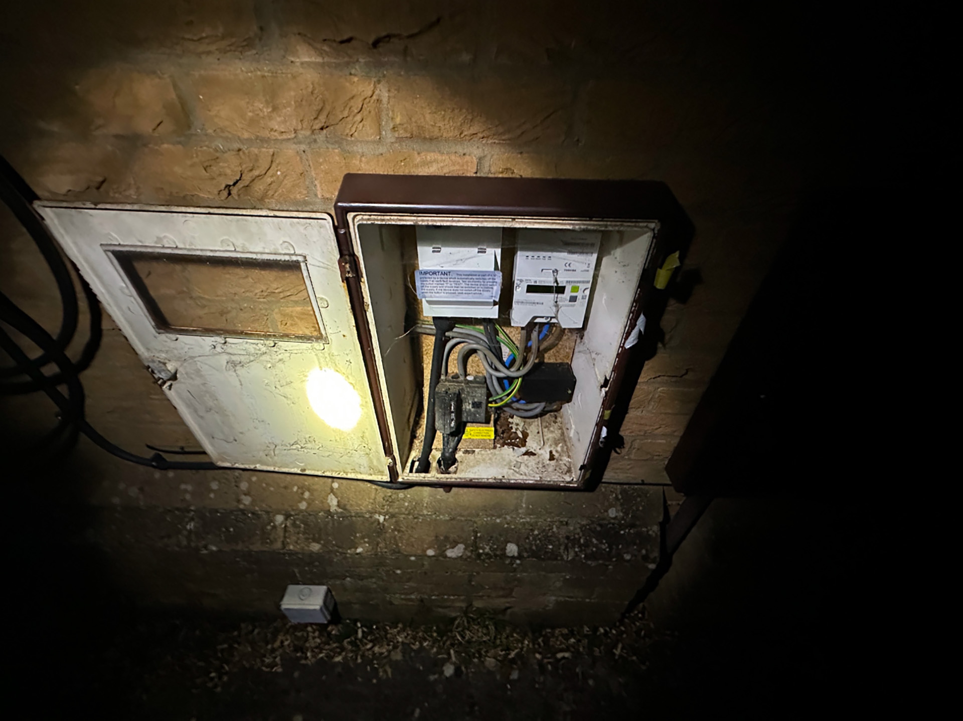 Effective Mouse Control in a Large Detached House - this image shows the utility box with Sycamore seeds chewed by mice and the hole in which they gained access to the property